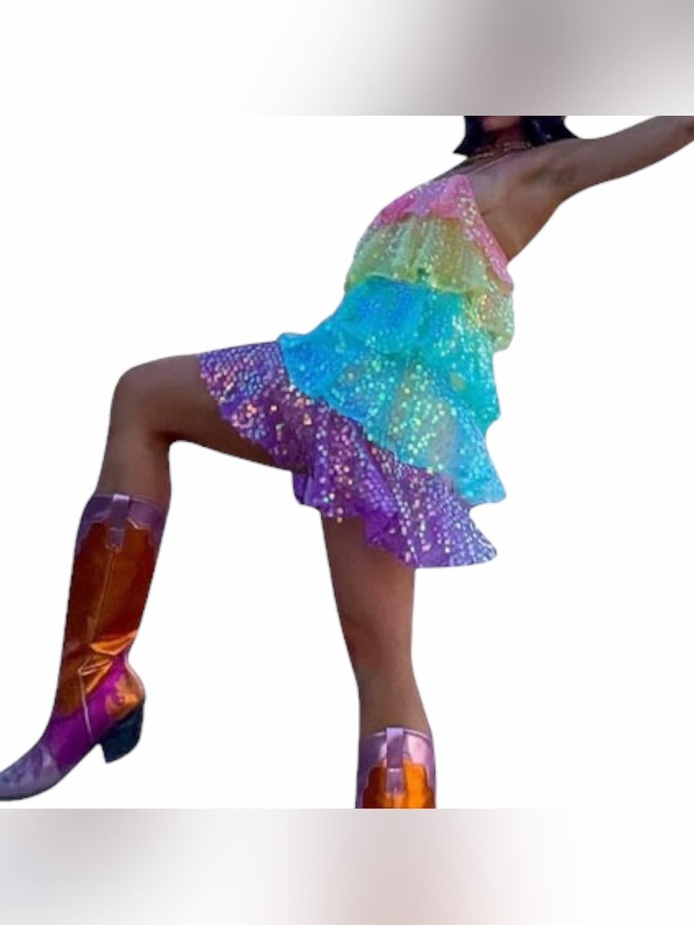 Rainbow Sequin Tiered Ruffle Mini Dress - Picture 2 of 8